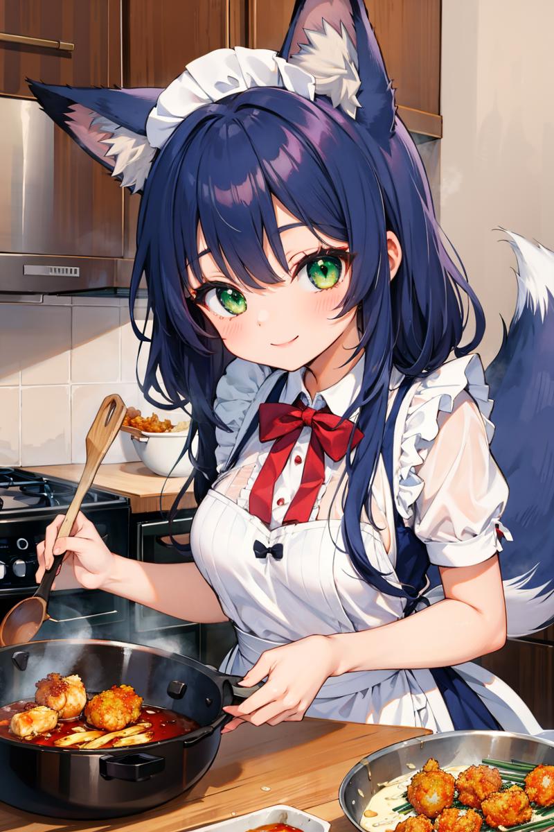 28423-2718803240-masterpiece, best quality, high resolution, absurdres,_fox girl maid frying karaage chicken, 1girl, long hair, dark ((blue)) hai.png